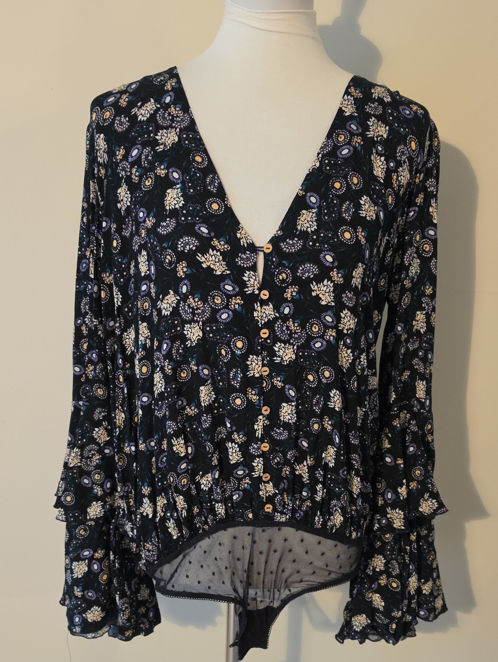 Free People Brand New Floral Black Boho Bodysuit